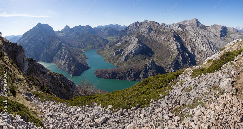 Panoramic scene from the top of a mountain with a forked river at the bottom in Spain