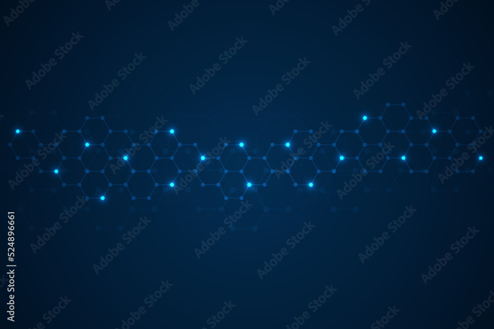 Hexagons pattern on blue background. Genetic research, molecular structure. Chemical engineering. Concept of innovation technology. Used for design healthcare, science and medicine background Hexagons pattern on blue background. Genetic research, molecular structure. Chemical engineering. Concept of innovation technology. Used for design healthcare, science and medicine background