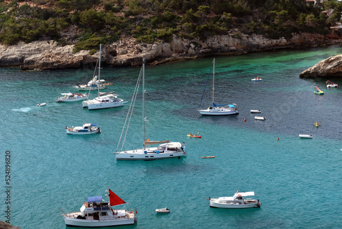 Cala Galdana (Galdana cove) is a coastal resort in Menorca, Spain. Cala Gandala bay and beach, aerial view