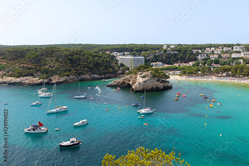 Cala Galdana (Galdana cove) is a coastal resort in Menorca, Spain. Cala Gandala bay and beach, aerial view