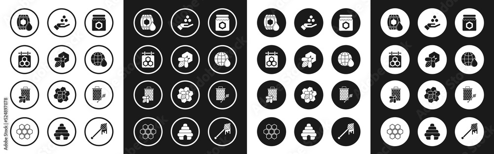 Set Jar of honey, Bee and honeycomb, Hanging sign with, Wooden barrel, Honeycomb map the world, hand, dipper stickicon and icon. Vector Set Jar of honey, Bee and honeycomb, Hanging sign with, Wooden barrel, Honeycomb map the world, hand, dipper stickicon and icon. Vector