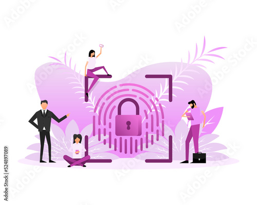 People smartphone with scanning fingerprint. Flat card on light backdrop