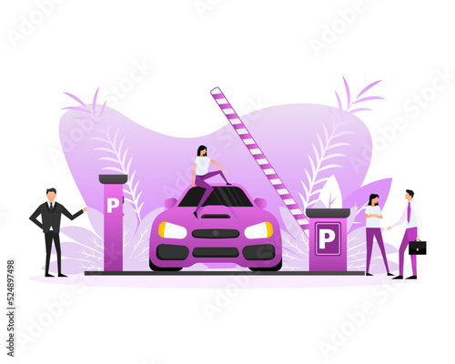 Flat style parking with car and people. Cartoon vector illustration