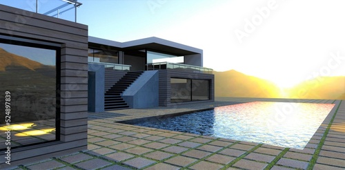Stunning sunset in mountains. View from the courtyard of contemporary country house with pool and long glass fenced terrace. Concrete slab pavement. 3d render. © Oleksandr