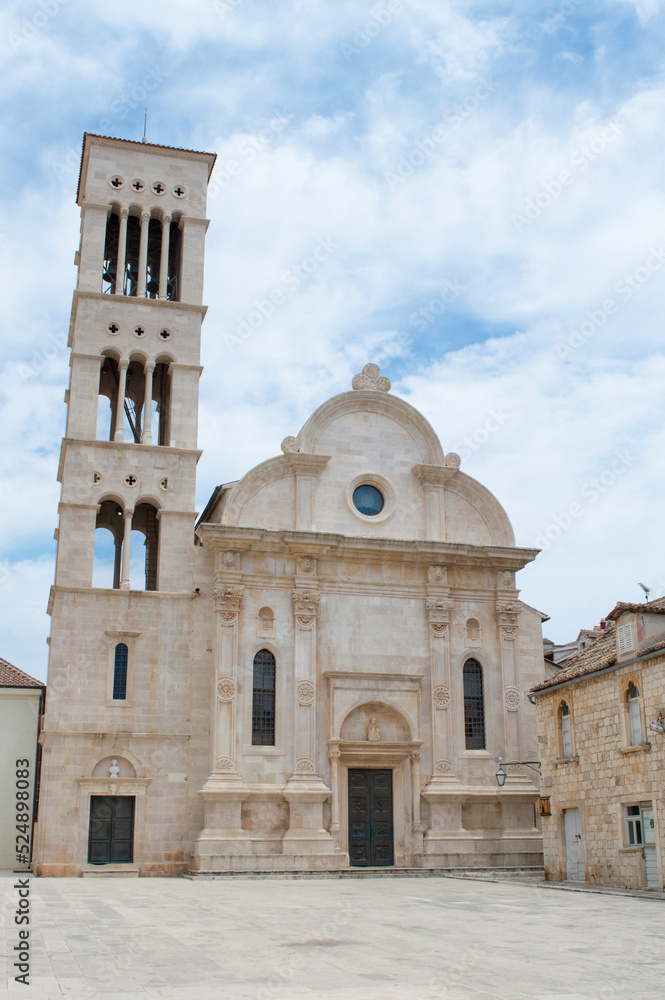 Beautiful church with bell tower in the center of Hvar town, Croatia, famous travel destination