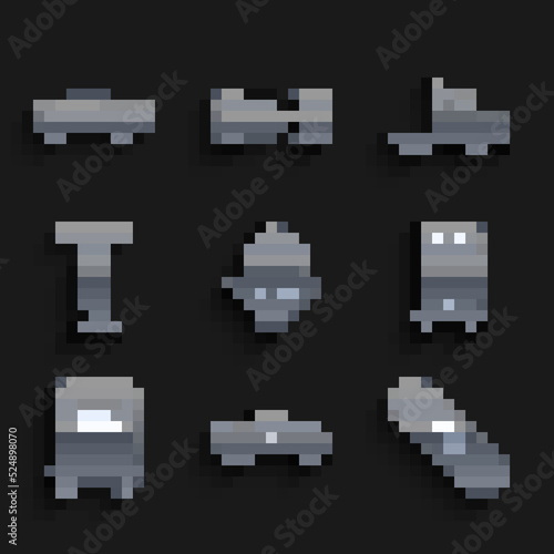 Set Cargo ship, Pickup truck, Skateboard, Double decker bus, Bus, Bicycle, Delivery cargo vehicle and Sedan icon. Vector