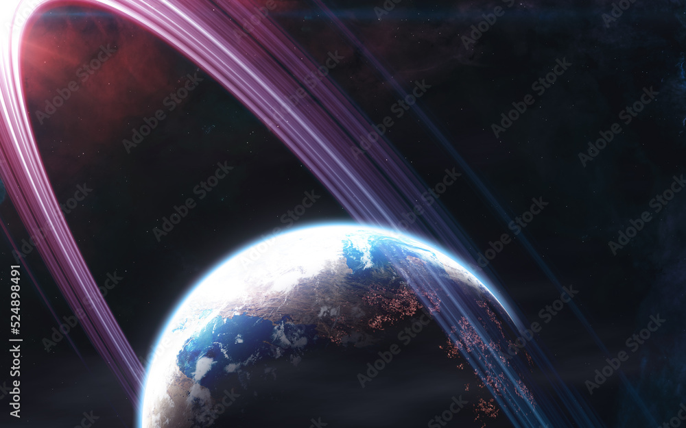 Distant habitable planet. View from space through cosmic dust. Science fiction. Elements of this image furnished by NASA