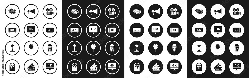 Set Cinema camera, Computer PC monitor with HD video technology, , Bang boom text speech bubble balloon, 4k movie, tape, frame, Megaphone, Popcorn cardboard box and Movie trophy icon. Vector