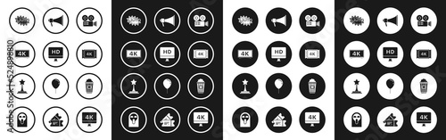 Set Cinema camera, Computer PC monitor with HD video technology, , Bang boom text speech bubble balloon, 4k movie, tape, frame, Megaphone, Popcorn cardboard box and Movie trophy icon. Vector