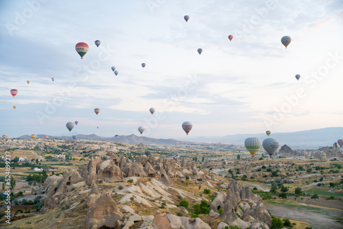 beautiful scenery flight of balloons in the mountains of Cappadocia