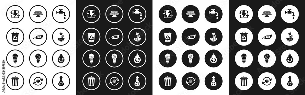 Set Water tap, Leaf Bio symbol, Recycle bin with recycle, Recharging, Electric saving plug leaf, Solar energy panel, clean aqua and LED light bulb icon. Vector Set Water tap, Leaf Bio symbol, Recycle bin with recycle, Recharging, Electric saving plug leaf, Solar energy panel, clean aqua and LED light bulb icon. Vector