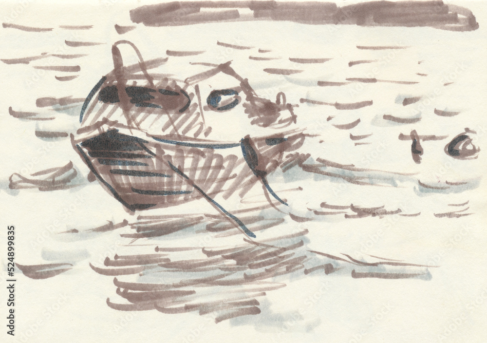 An hand drawn illustration, scanned picture - summer time - the boat