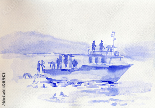 An hand drawn illustration, scanned picture - summer time - the divers on an boat