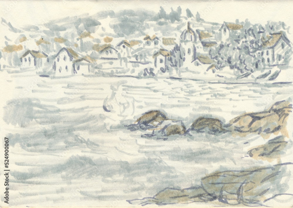 Fototapeta premium An hand drawn illustration, scanned picture - summer time - village