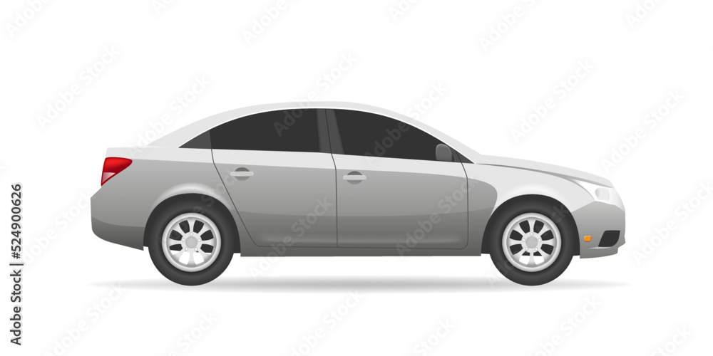 Realistic side view car. Grey sedan model with wheels. 2d asset for game about hill racing. Flat vector car sprite illustration.