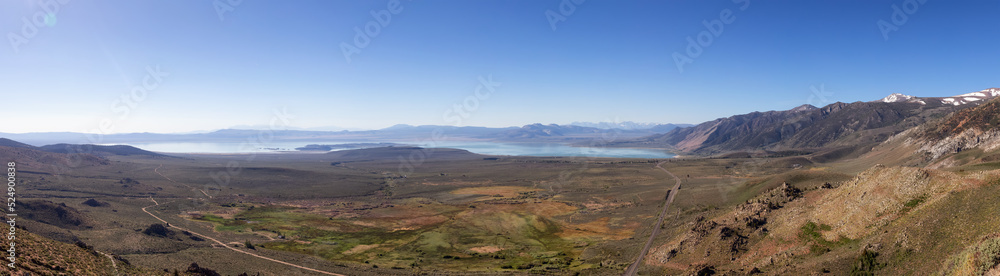 Panoramic View of Mono Lake and American Mountain Landscape near Lee Vining, California, United States of America. Nature Background Panorama