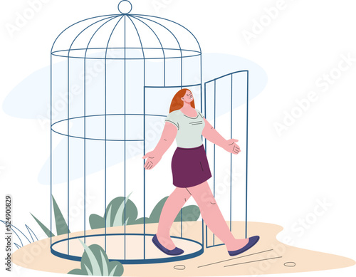 Inner freedom discovery. Stop limit life and oppressed, feeling free. Woman prison escape from cage, mental health kicky vector concept