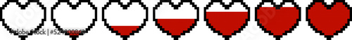 Pixel game graphics. Life bar computer 8-bit games. Vintage hearts different fullness, old school consoles elements. Vector retro video play hero energy icons