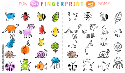 Kids fingerprint game. Paint baby finger print art play. Children learning drawing, school kindergarten activity in group. Animal draw decent vector concept