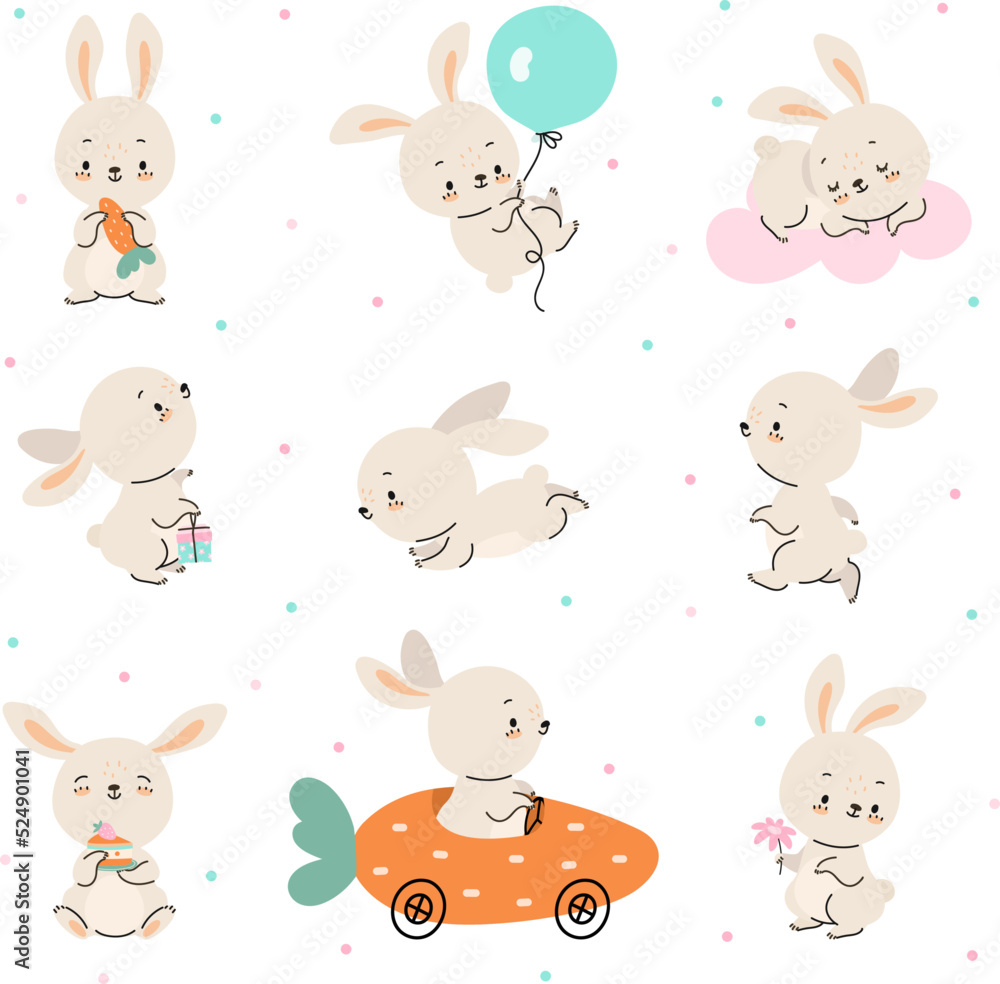 Cute cartoon bunny. Dancing rabbit, newborn baby funny animal stickers. Hare characters with carrot, sweet cake and balloon. Lovely nowaday vector bunnies