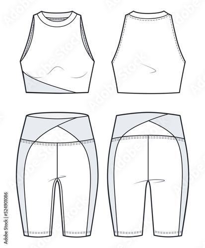 Girl's Sports Bra and Cycling Shorts fashion flat sketch template. Women's Crop Top and Short Leggings technical fashion illustration, front and back view, white colour, CAD mockup, set.