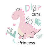Princess girl dino card template. Cute dinosaur fairy, baby sweet graphic poster. Scandinavian style animal, shirt print or sticker nowaday vector template