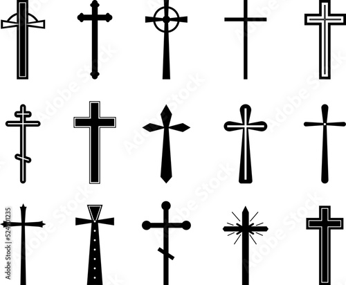 Christian cross set. Catholic church crosses, crucifix silhouette. Gothic graphic objects. Orthodox or baptism religion simple decent vector holy collection