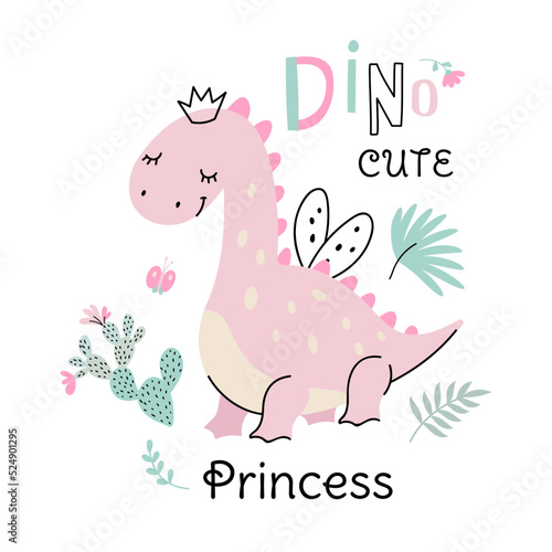 Princess girl dino card template. Cute dinosaur fairy, baby sweet graphic poster. Scandinavian style animal, shirt print or sticker nowaday vector template