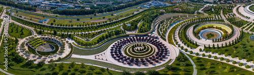 three large flower beds in a city park in the northeast of Krasnodar (South of Russia) - aerial panorama on a sunny day
