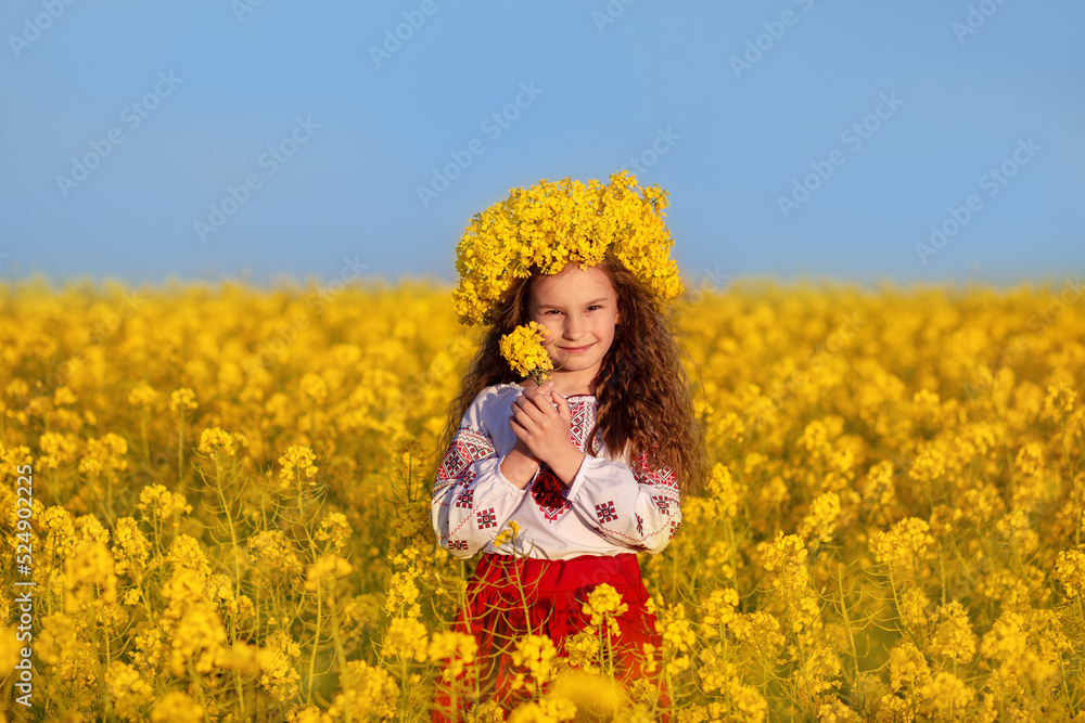 Ukrainian child girl in traditional embroidery and yellow wreath in field of yellow flowers against blue sky. Pray for Ukraine. Ukraine's Independence Flag Day. Constitution day. Symbols of Ukraine.