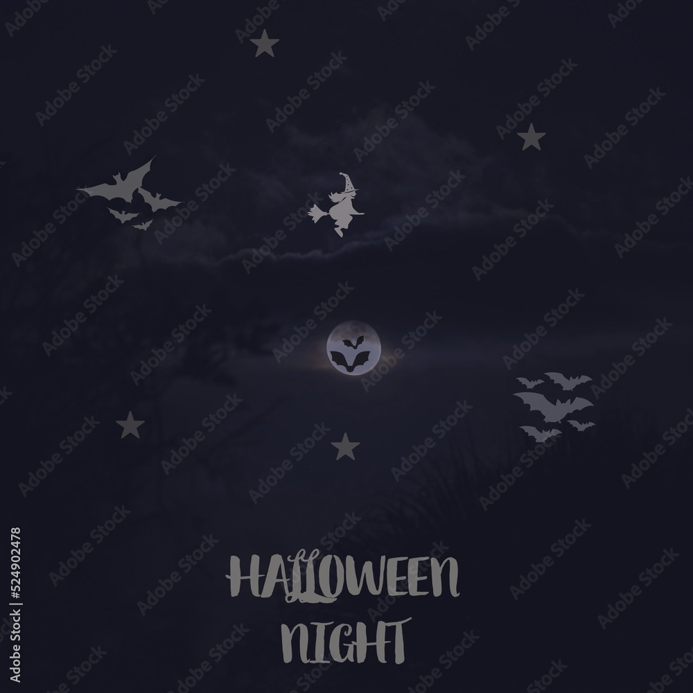 Halloween background with bats moon and witch
