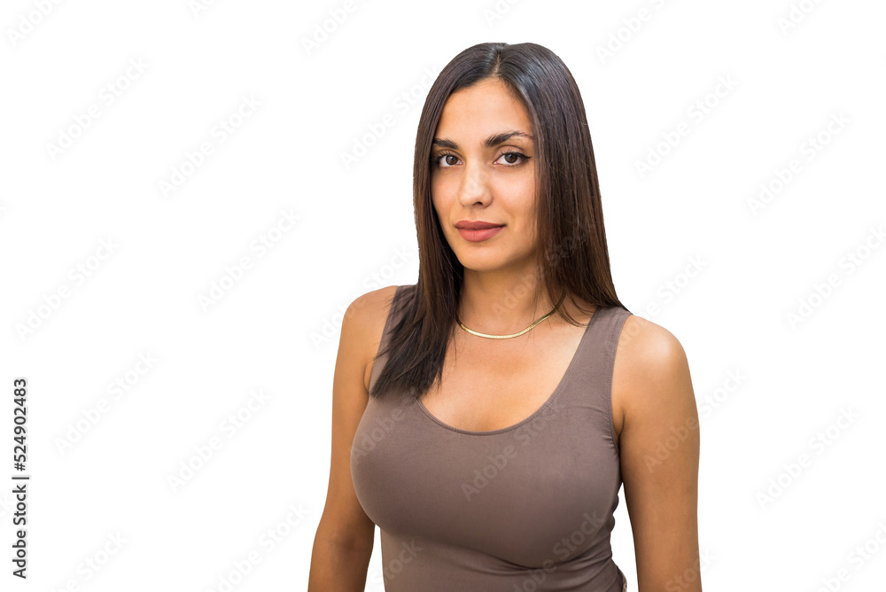 Close-up of a beautiful sexy brunette with a big bust on a white background. Close-up of a beautiful sexy brunette with a big bust on a white background.