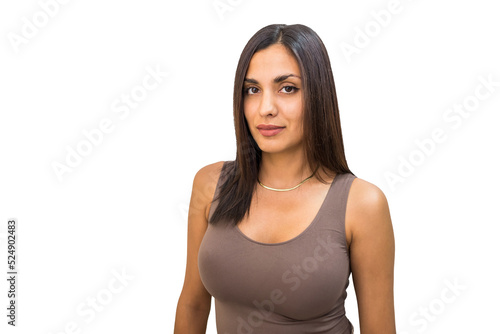 Close-up of a beautiful sexy brunette with a big bust on a white background.