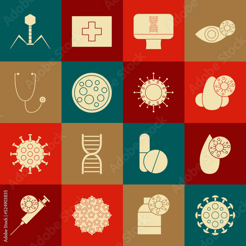 Set Virus, Blood test and virus, Runny nose, DNA spiral computer, Stethoscope, Bacteria bacteriophage and icon. Vector