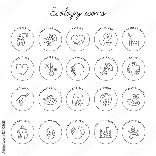 Eco-friendly related thin line icon set in minimal style.