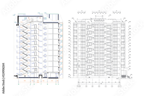 Multistory building detailed architectural technical cross section drawing, vector blueprint