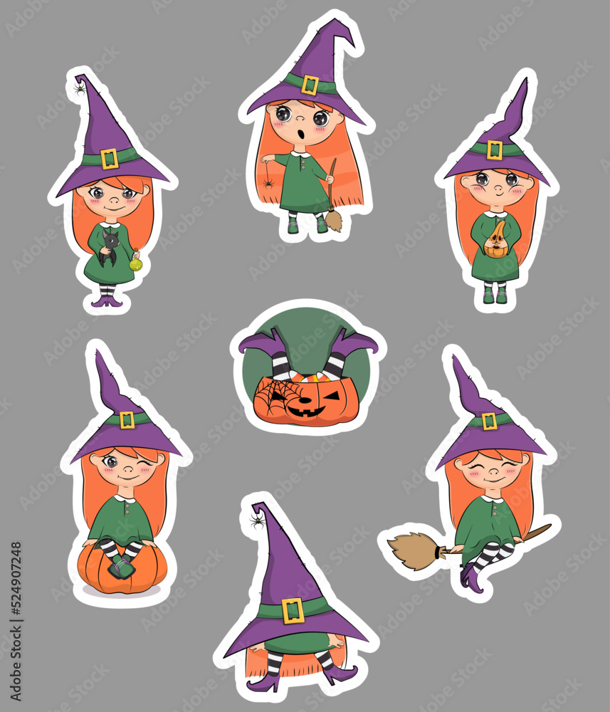 Happy halloween. Cute little witch stickers pack. Vector illustration.