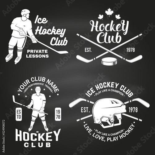 Ice Hockey club logo, badge design on chalkboard. Concept for shirt or logo, print, stamp or tee. Winter sport. Vintage typography design with player, sticker, puck and skates silhouette. Vector.