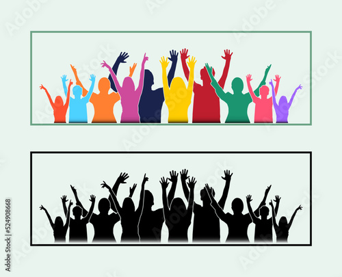 Party people celebrating. A crowd of sports fans. Colorful vectors and silhouette illustrations.