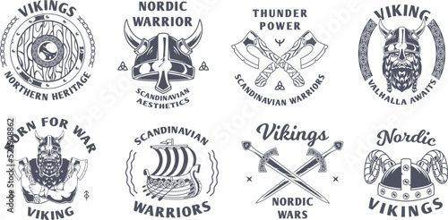 Vikings badges. Scandinavian or nordic authentic labels with vikings barbarians mascots old vintage weapons sword axe helmet and horn exact vector battle badges