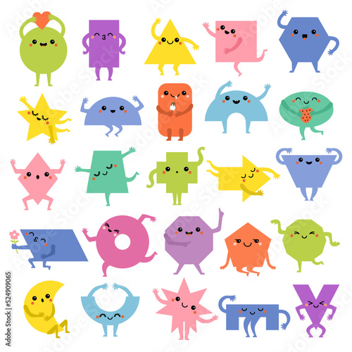 Geometrical mascot. Funny faces emoticons on polygonal circles and triangles shapes recent vector colored educational forms