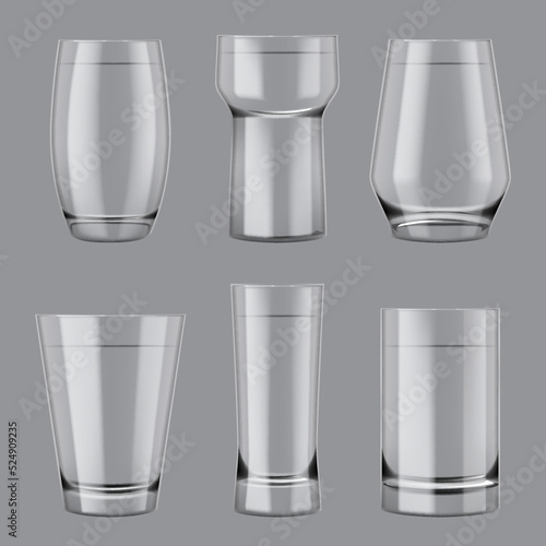 Realistic glass. Transparent cups templates crystal containers for water alcohol liquid products decent vector glass pictures
