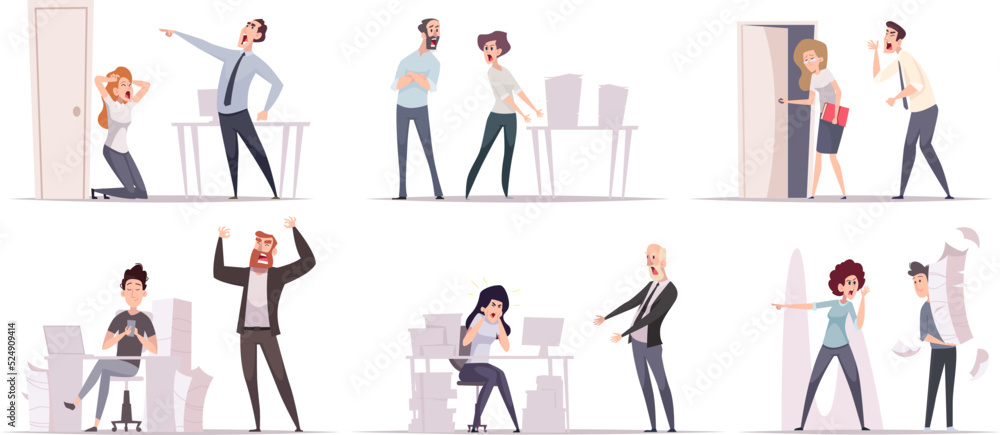 Aggressive businessman. Angry office managers screaming boss fires subordinates exact vector business people