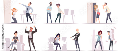 Aggressive businessman. Angry office managers screaming boss fires subordinates exact vector business people