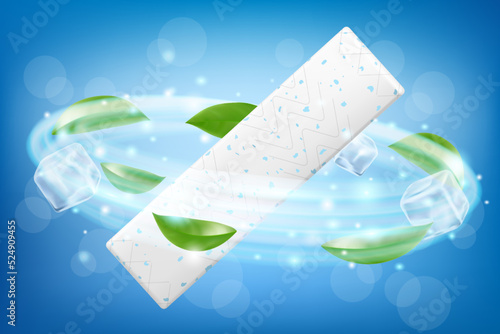 Chewing gum, with ice cubes and mint leaves. Green leaves spearmint for fresh breathing. Chewing gums for healthy teeth and dental hygiene. Refreshing sweet candy, isolated on white background. Realis