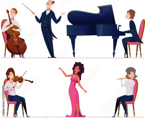 Opera. Theater classical instrumental band and singers rehearsal event artists in costumes exact vector opera colored characters