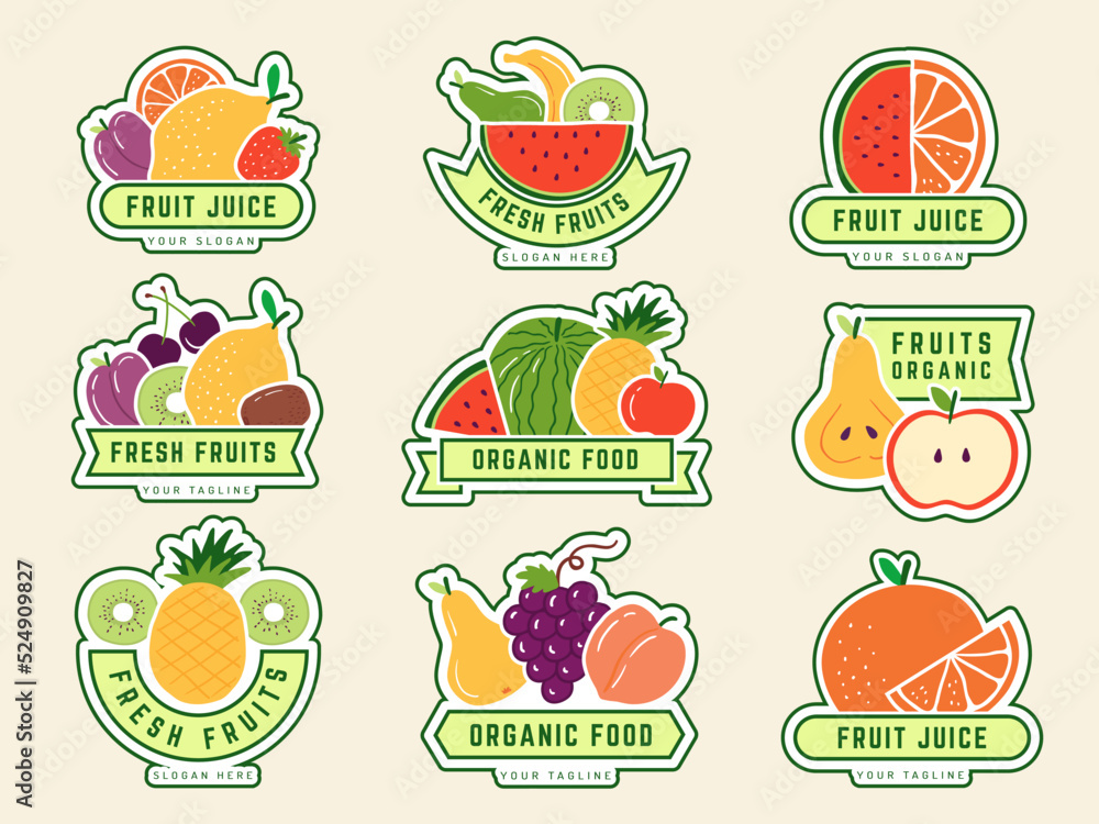 Fruits logo. Identity templates with different healthy juicy fruits and vegetables recent vector eco badges