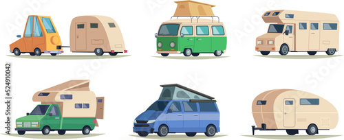 Camping cars. Vintage caravan vehicles for outdoor camp travelling road vacation happy tourism symbols exact vector cartoon pictures