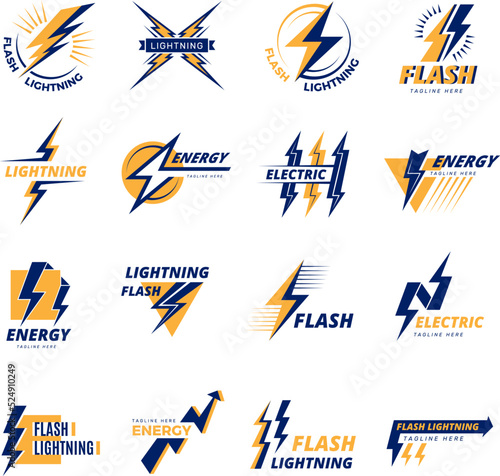 Thunderbolt logo. Power badges with force thunderbolts symbols recent vector electricity danger icons with text