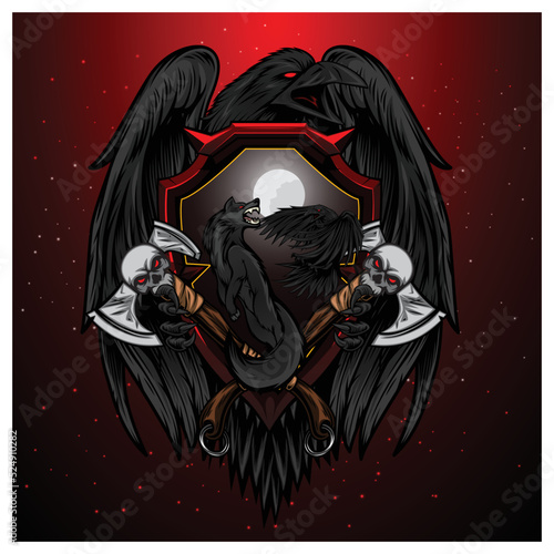 Halloween wolf and raven illustration